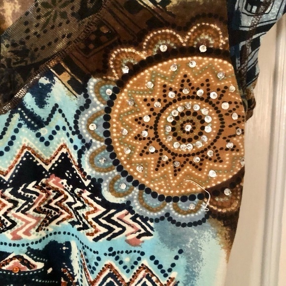 Forbidden Tee brown blue Princess shoulder cap sleeve sparkles beads size Large - Picture 3 of 11